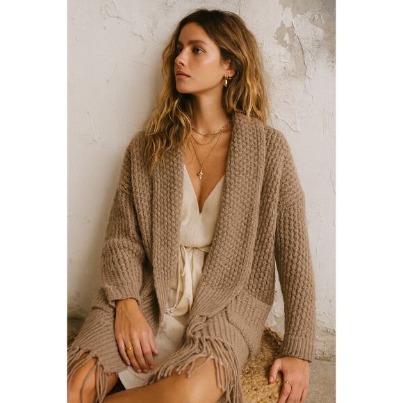Calypso St. Barth 100% cashmere Womens Cardigan Size XS Tan Chunky Fringe Boho - Picture 1 of 12